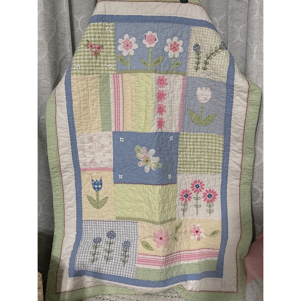 Pottery Barn Kids Floral Patchwork Seersucker Baby Quilt Blue Green Pink 36x50